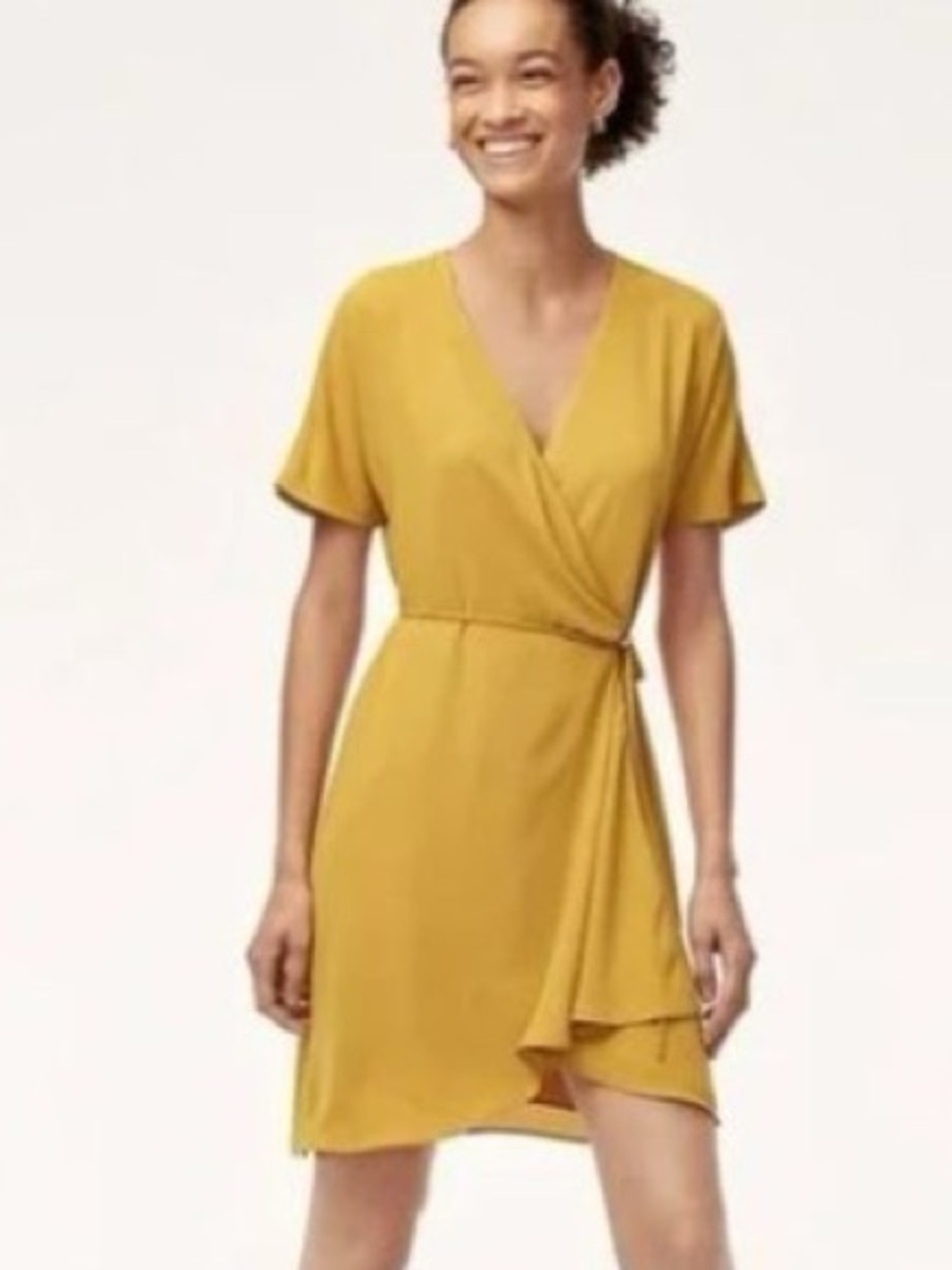 Aritzia Babaton Sz M Wallace Yellow Flowy Classic Wrap Mini Dress